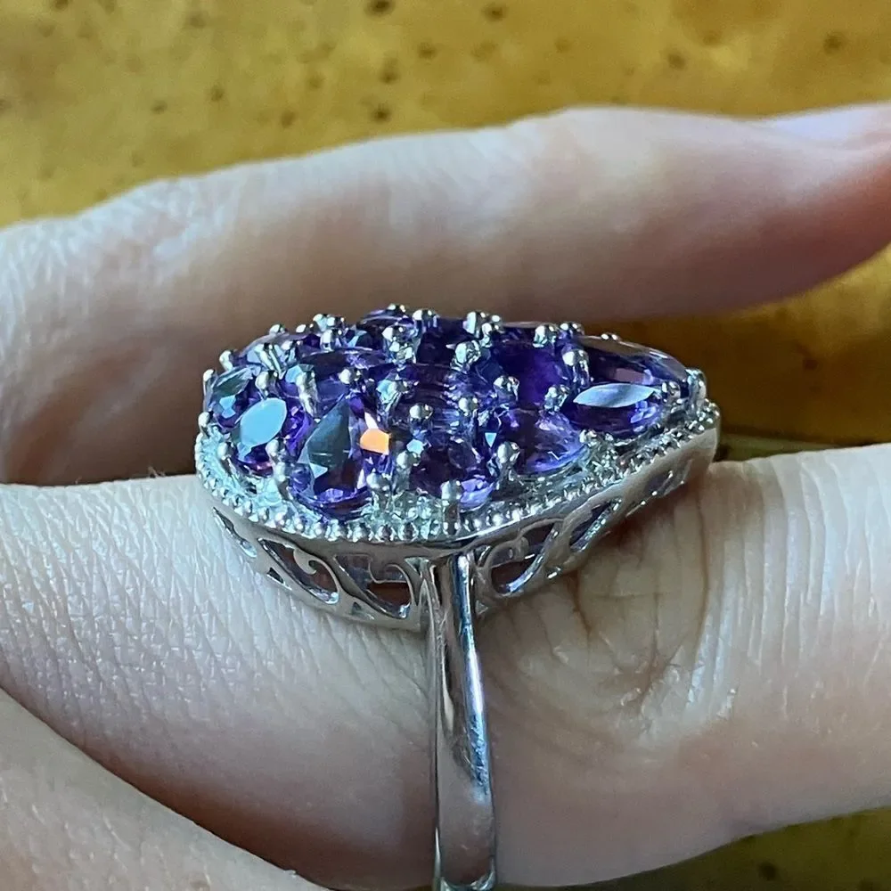 Natural Amethyst White Zircon Sterling Silver Cocktail Ring Size 7